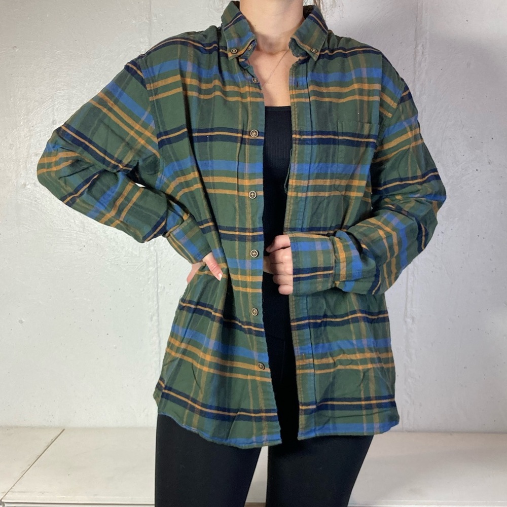 Classic Green + Blue + Gold Flannel Long Sleeve Button Down Shirt